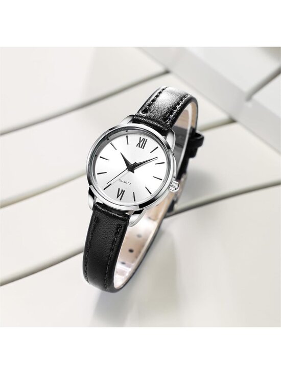 Womens Black And Silver Analog Quartz Leather Strap Solid Minimalist Wrist Watch main image 5